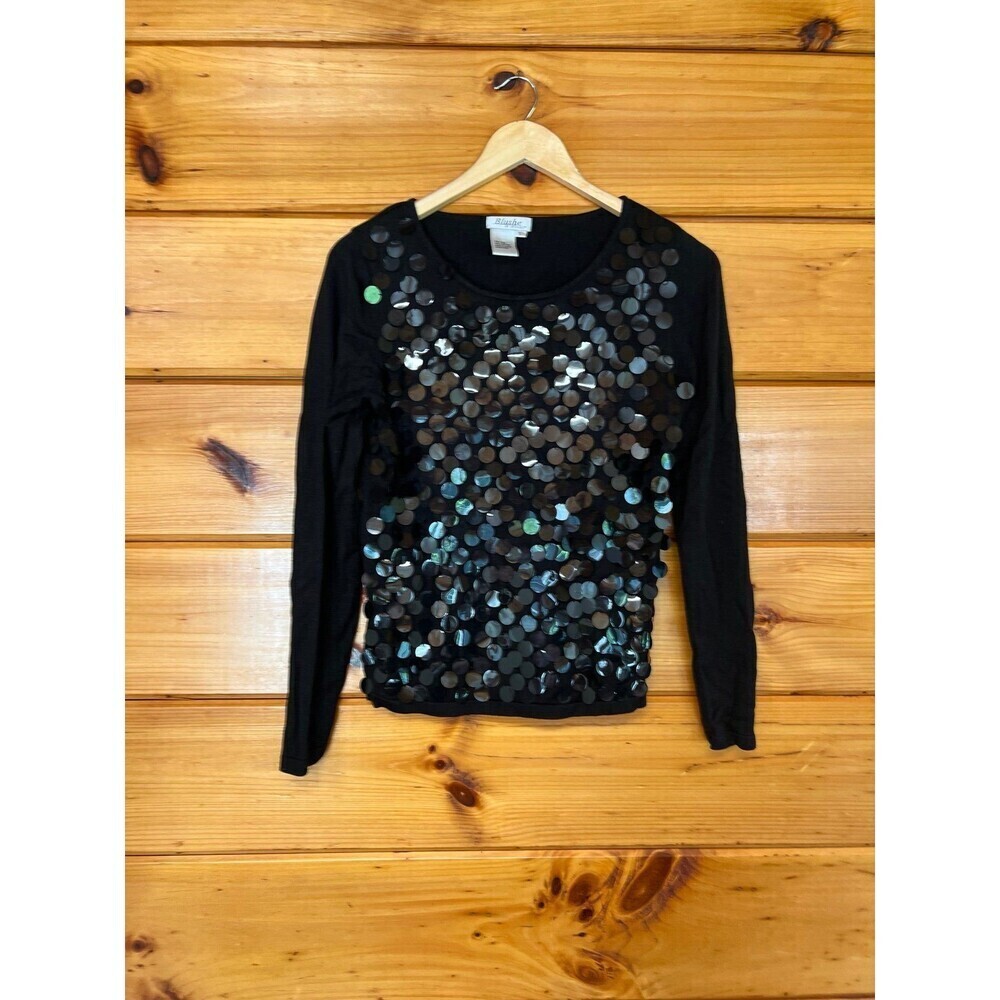 Blushe By Spie Gel Silk Blend Sequin Small Black Crewneck Sweater